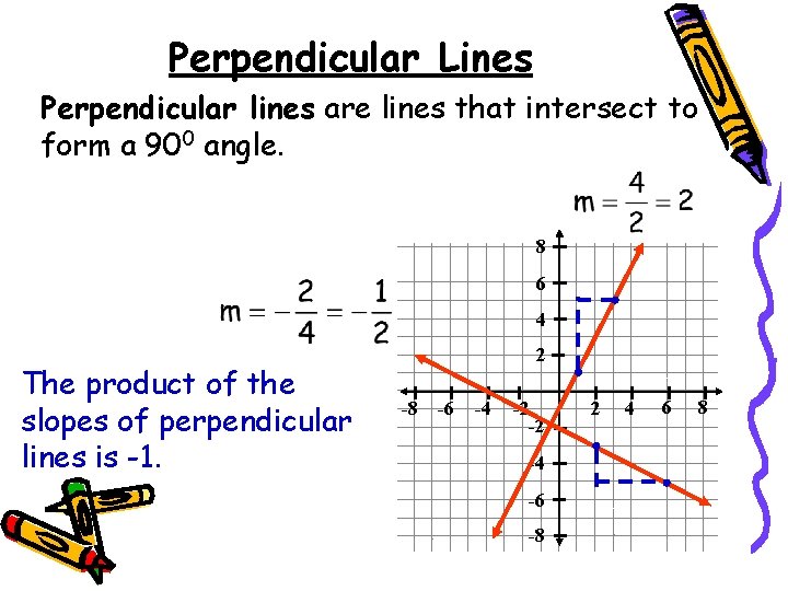 Perpendicular Lines Perpendicular lines are lines that intersect to form a 900 angle. 8 Perpendicular Lines Perpendicular lines are lines that intersect to form a 900 angle. 8
