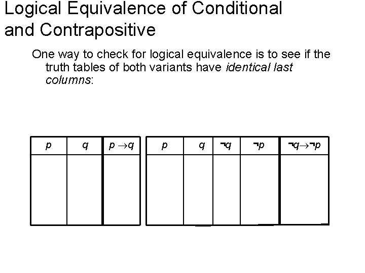 Logical Equivalence of Conditional and Contrapositive One way to check for logical equivalence is