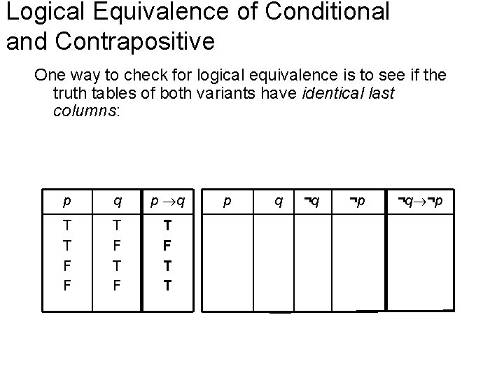 Logical Equivalence of Conditional and Contrapositive One way to check for logical equivalence is