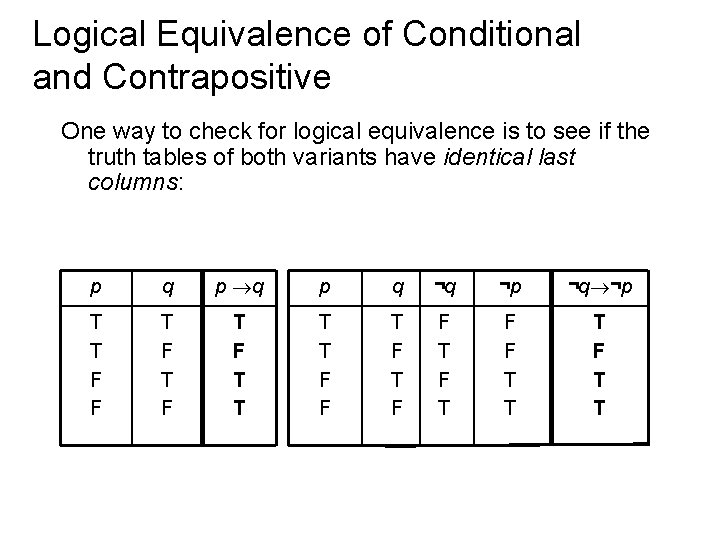 Logical Equivalence of Conditional and Contrapositive One way to check for logical equivalence is