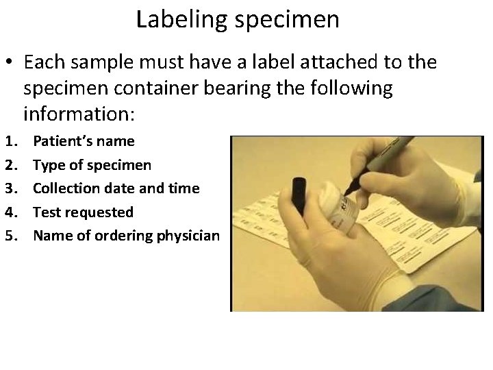 Labeling specimen • Each sample must have a label attached to the specimen container