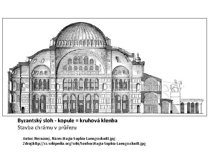 Byzantský sloh - kopule = kruhová klenba Stavba chrámu v průřezu Autor: Neznámý, Název: