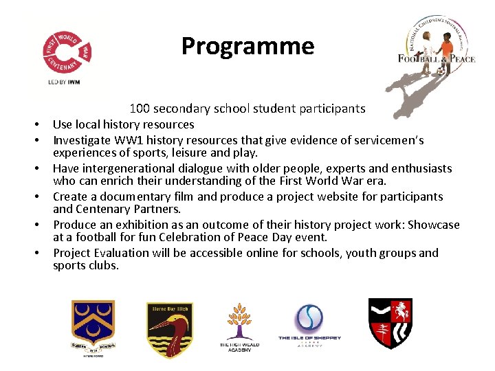 Programme 100 secondary school student participants • • • Use local history resources Investigate