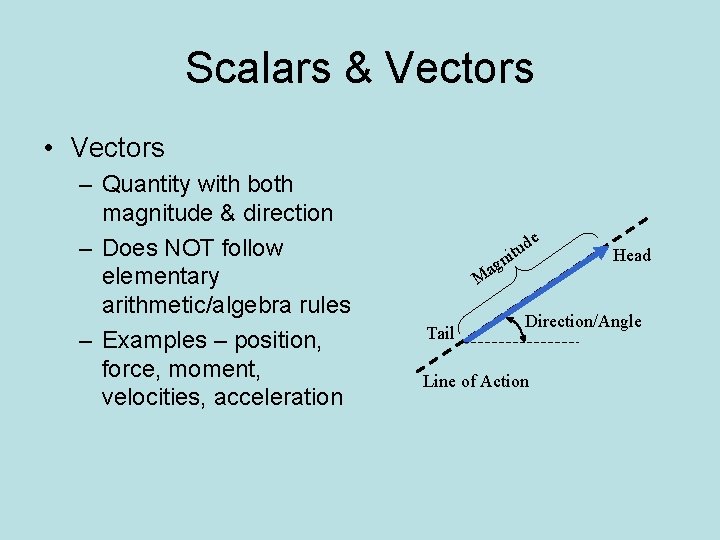 Scalars & Vectors • Vectors – Quantity with both magnitude & direction – Does