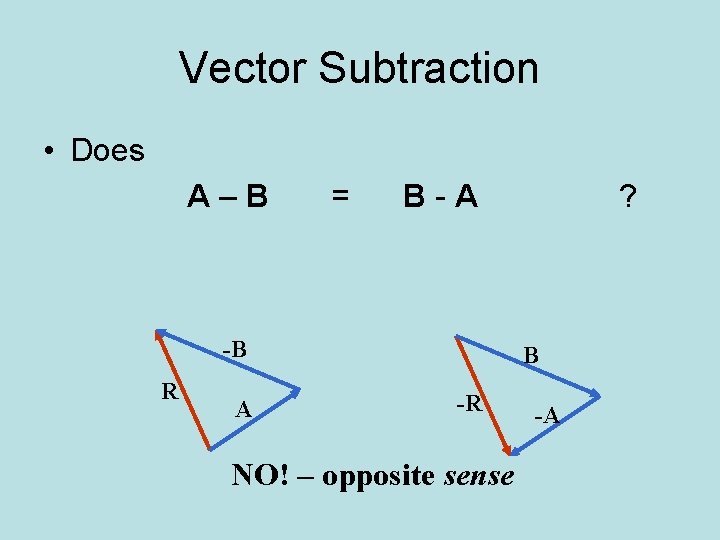 Vector Subtraction • Does A–B = B-A -B R A ? B -R NO!