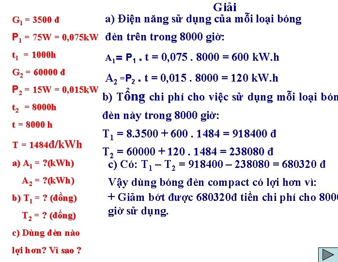 Giải G 1 = 3500 đ a) Điện năng sử dụng của mỗi loại