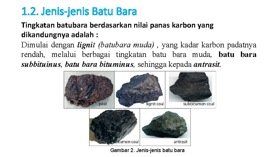 1. 2. Jenis-jenis Batu Bara Tingkatan batubara berdasarkan nilai panas karbon yang dikandungnya adalah