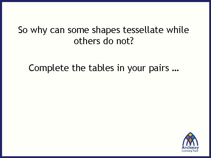 So why can some shapes tessellate while others do not? Complete the tables in