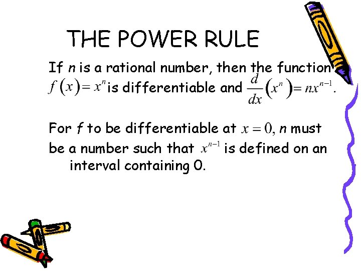 THE POWER RULE If n is a rational number, then the function is differentiable