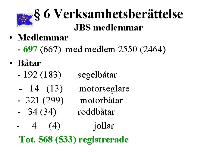 § 6 Verksamhetsberättelse JBS medlemmar • Medlemmar - 697 (667) medlem 2550 (2464) •