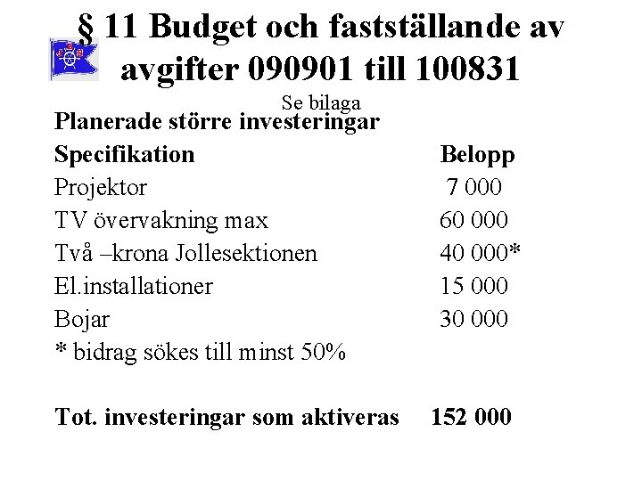 § 11 Budget och fastställande av avgifter 090901 till 100831 Se bilaga Planerade större