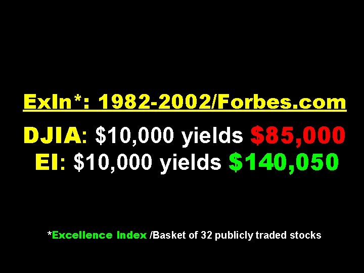 Ex. In*: 1982 -2002/Forbes. com DJIA: $10, 000 yields $85, 000 EI: $10, 000