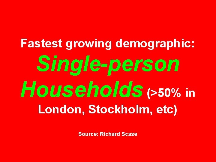 Fastest growing demographic: Single-person Households (>50% in London, Stockholm, etc) Source: Richard Scase 