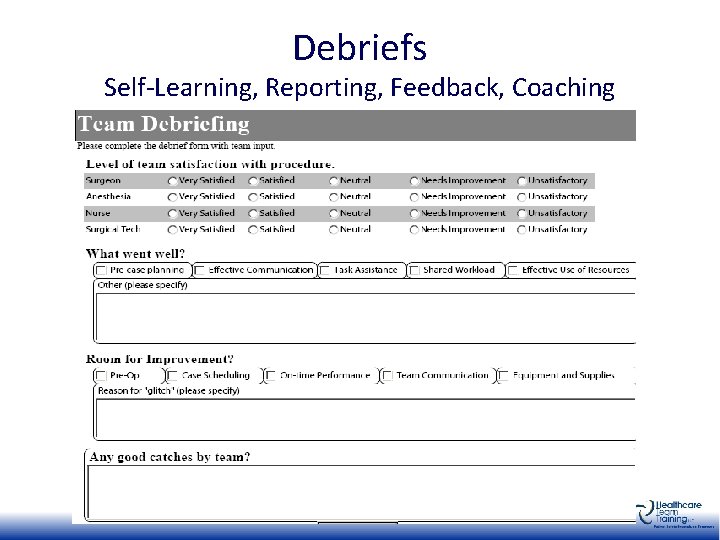 Debriefs Self-Learning, Reporting, Feedback, Coaching 