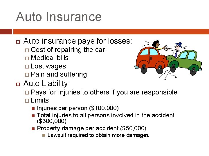 Auto Insurance Auto insurance pays for losses: � Cost of repairing the car �