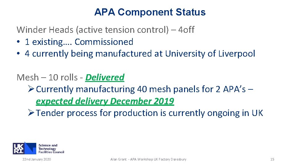 APA Component Status Winder Heads (active tension control) – 4 off • 1 existing….