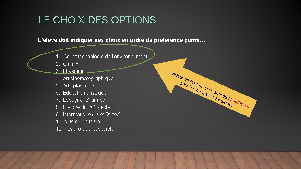 LE CHOIX DES OPTIONS L’élève doit indiquer ses choix en ordre de préférence parmi…