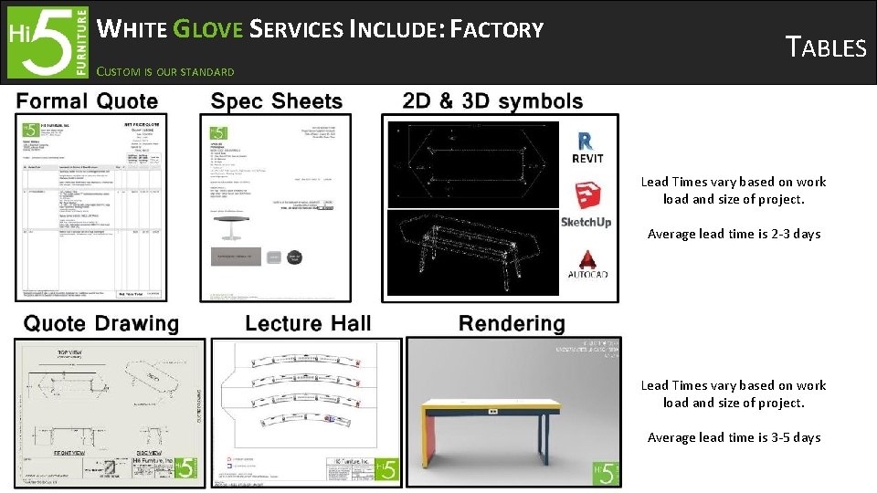 WHITE GLOVE SERVICES INCLUDE: FACTORY CUSTOM IS OUR STANDARD TABLES Lead Times vary based