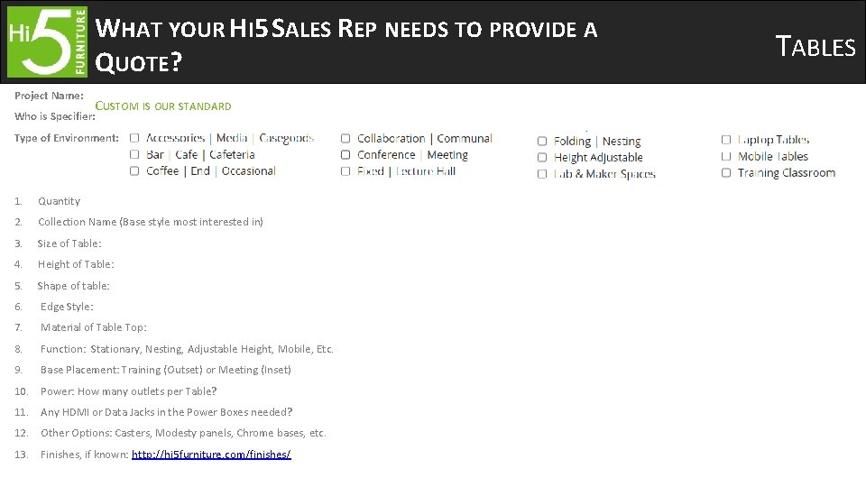 WHAT YOUR HI 5 SALES REP NEEDS TO PROVIDE A QUOTE? Project Name: CUSTOM