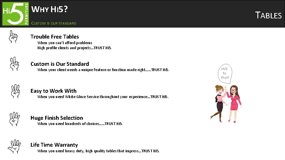 WHY HI 5? TABLES CUSTOM IS OUR STANDARD Trouble Free Tables When you can’t