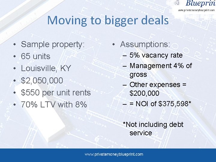 Moving to bigger deals • • • Sample property: 65 units Louisville, KY $2,