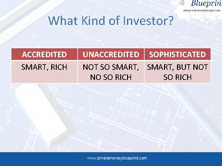 What Kind of Investor? ACCREDITED SMART, RICH UNACCREDITED SOPHISTICATED NOT SO SMART, BUT NO