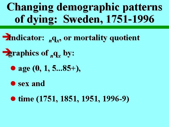 Changing demographic patterns of dying: Sweden, 1751 -1996 èIndicator: nqx, or mortality quotient ègraphics