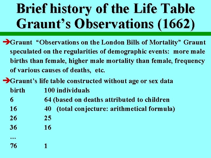 Brief history of the Life Table Graunt’s Observations (1662) èGraunt “Observations on the London