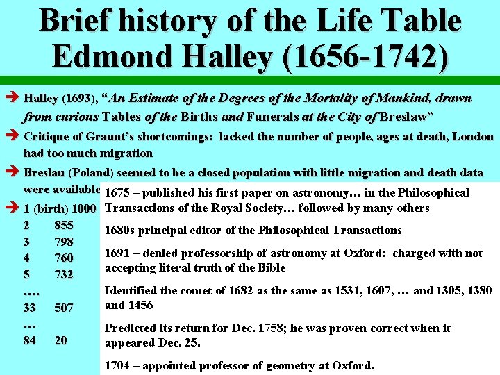 Brief history of the Life Table Edmond Halley (1656 -1742) è Halley (1693), “An