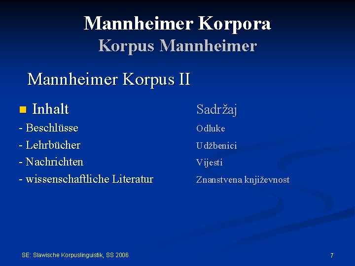 Mannheimer Korpora Korpus Mannheimer Korpus II n Inhalt - Beschlüsse - Lehrbücher - Nachrichten