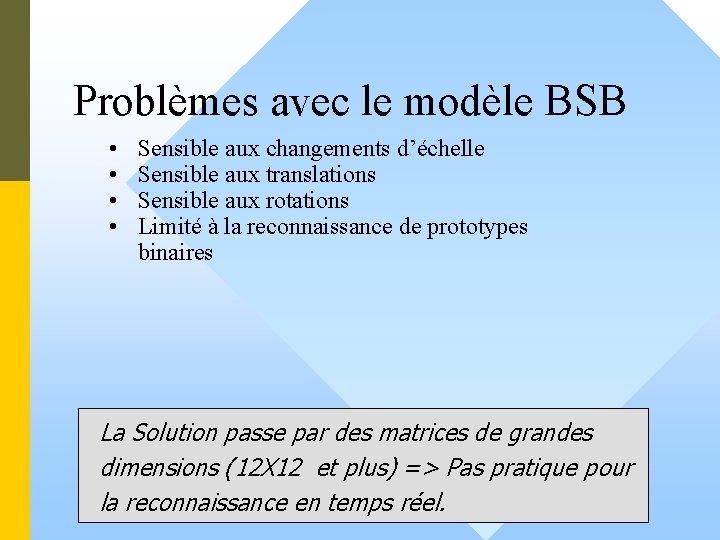 Problèmes avec le modèle BSB • • Sensible aux changements d’échelle Sensible aux translations