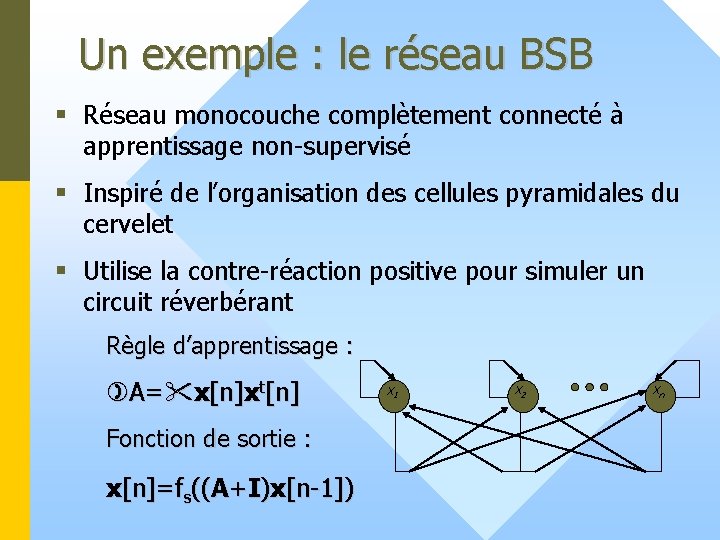 Un exemple : le réseau BSB § Réseau monocouche complètement connecté à apprentissage non-supervisé