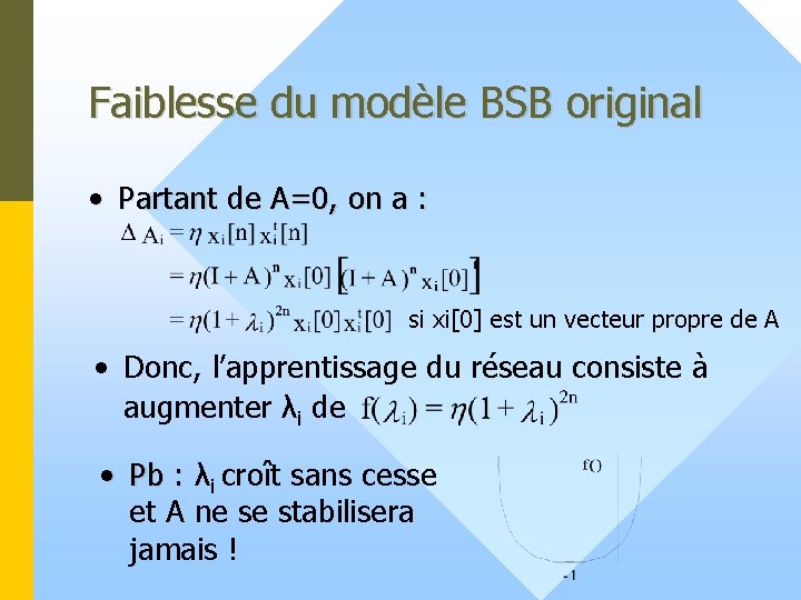 Faiblesse du modèle BSB original • Partant de A=0, on a : si xi[0]