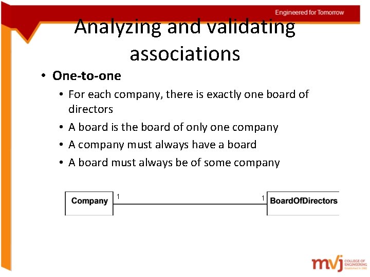 Analyzing and validating associations • One-to-one • For each company, there is exactly one