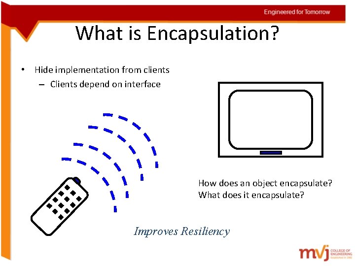 What is Encapsulation? • Hide implementation from clients – Clients depend on interface How