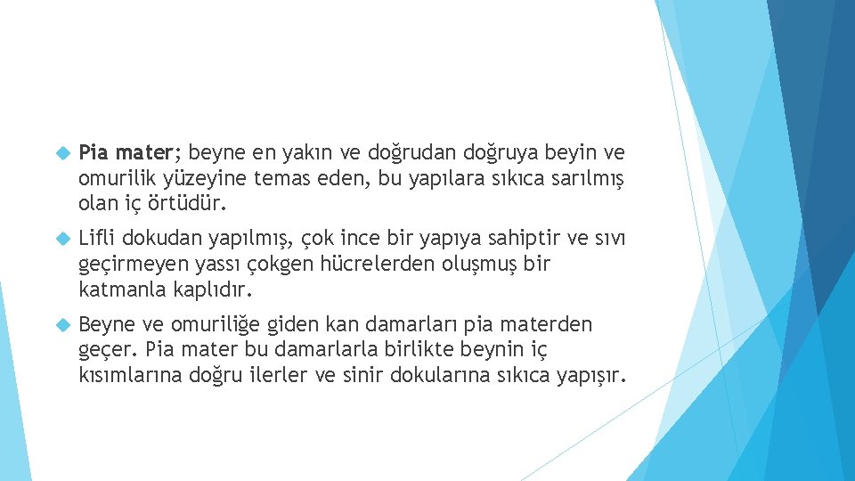  Pia mater; beyne en yakın ve doğrudan doğruya beyin ve omurilik yüzeyine temas