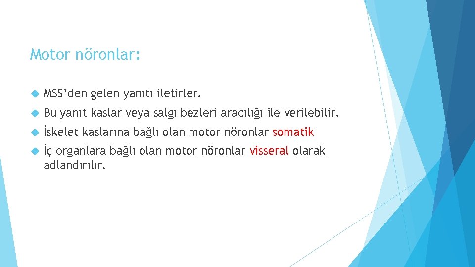 Motor nöronlar: MSS’den gelen yanıtı iletirler. Bu yanıt kaslar veya salgı bezleri aracılığı ile