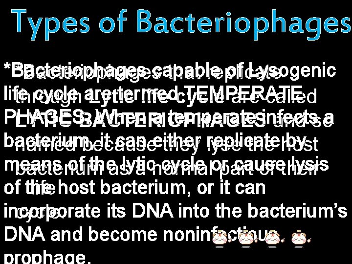 Types of Bacteriophages *Bacteriophages of Lysogenic *Bacteriophagescapable that replicate life cycle are termed TEMPERATE