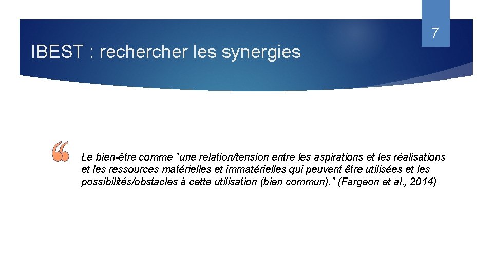 7 IBEST : recher les synergies Le bien-être comme "une relation/tension entre les aspirations