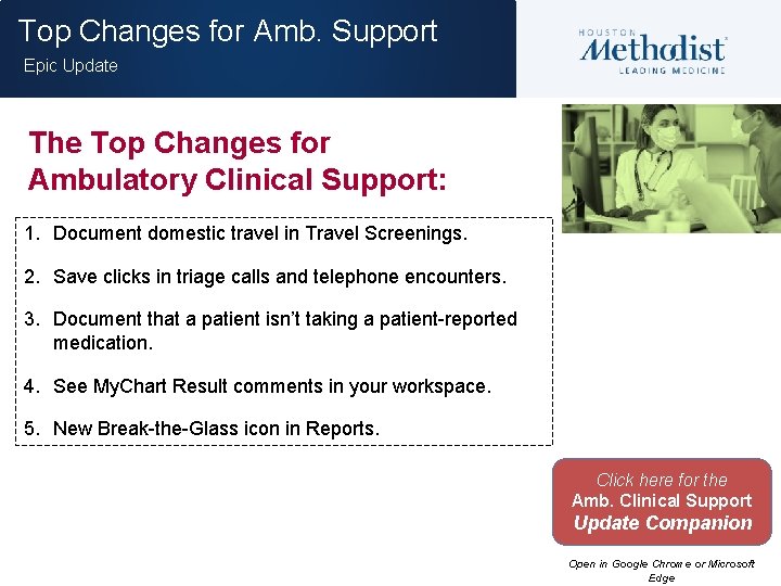 Top Changes for Amb. Support Epic Update The Top Changes for Ambulatory Clinical Support: