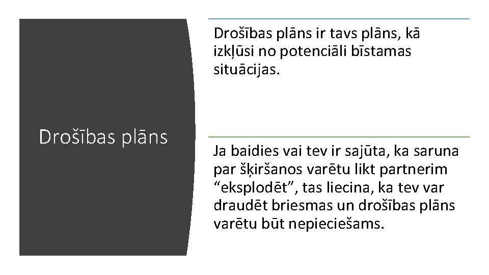 Drošības plāns ir tavs plāns, kā izkļūsi no potenciāli bīstamas situācijas. Drošības plāns Ja