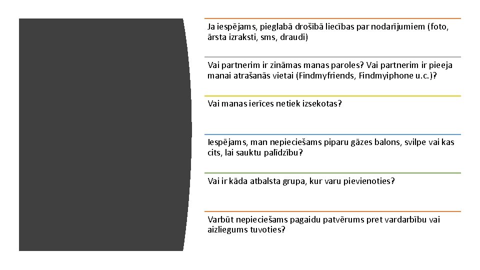 Ja iespējams, pieglabā drošībā liecības par nodarījumiem (foto, ārsta izraksti, sms, draudi) Vai partnerim