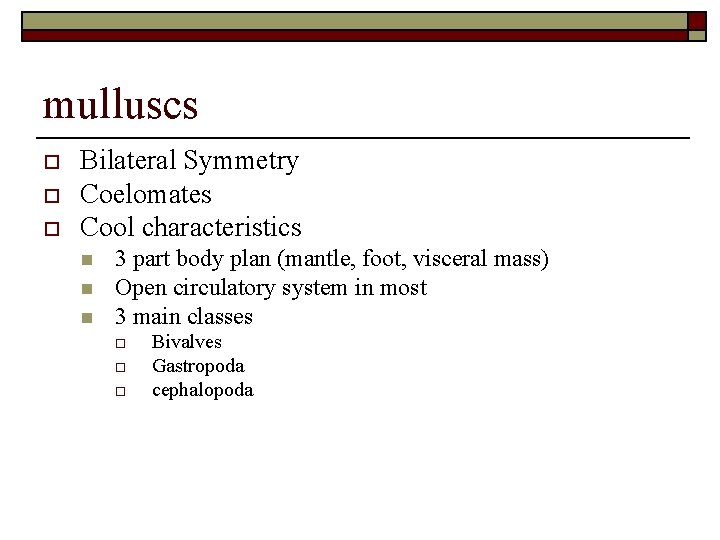 mulluscs o o o Bilateral Symmetry Coelomates Cool characteristics n n n 3 part