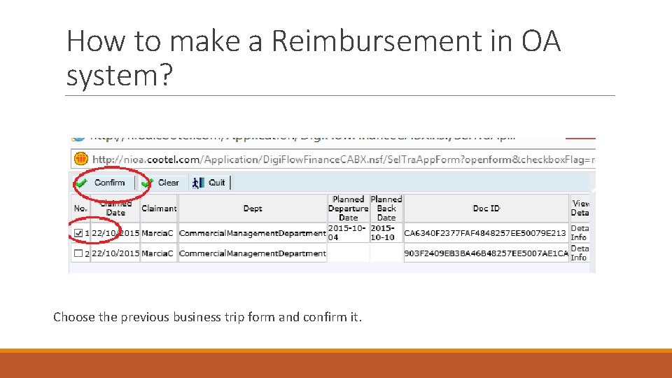 How to make a Reimbursement in OA system? Choose the previous business trip form