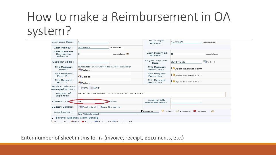 How to make a Reimbursement in OA system? Enter number of sheet in this