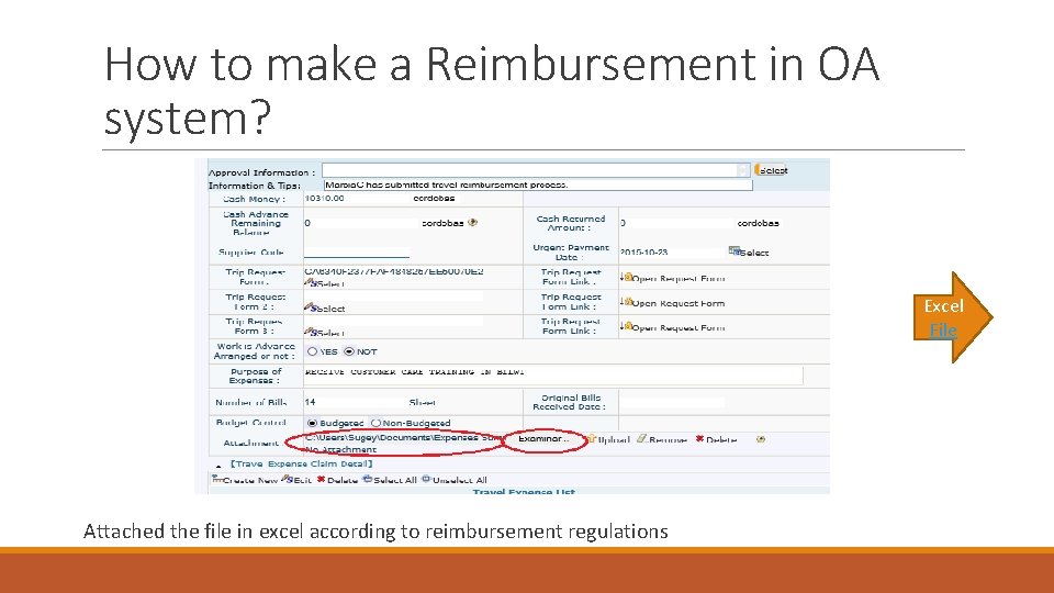 How to make a Reimbursement in OA system? Excel File Attached the file in