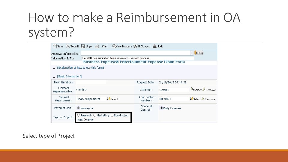 How to make a Reimbursement in OA system? Select type of Project 