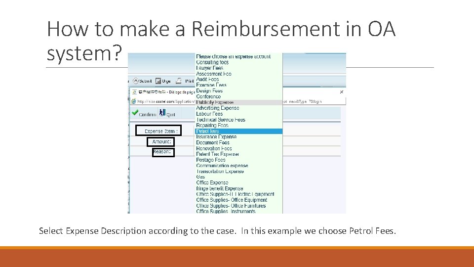 How to make a Reimbursement in OA system? Select Expense Description according to the