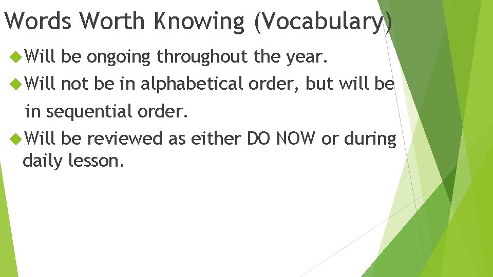 Words Worth Knowing (Vocabulary) Will be ongoing throughout the year. Will not be in
