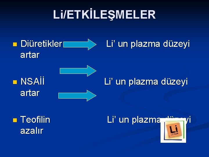 Li/ETKİLEŞMELER n Diüretikler artar Li’ un plazma düzeyi n NSAİİ artar Li’ un plazma